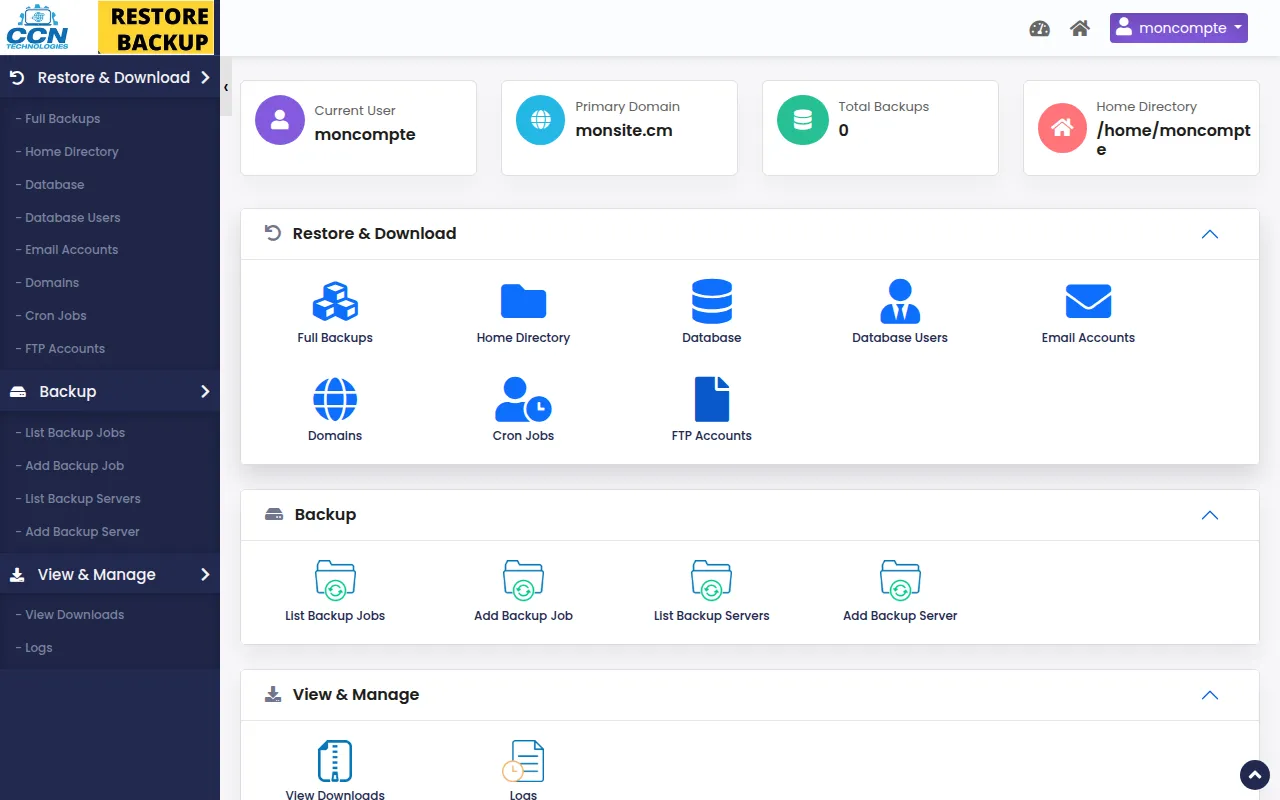 Tableau de bord Backuply dans cPanel